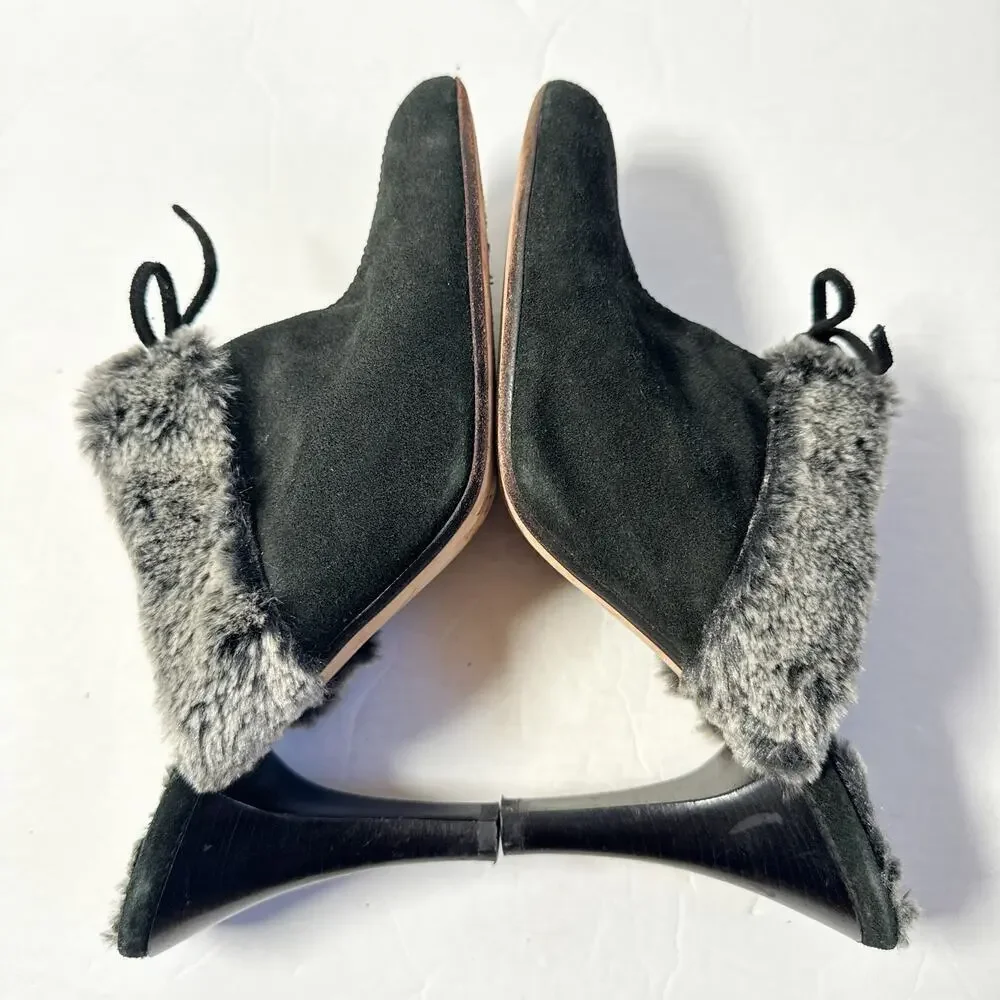 Vintage Anne Klein New York Black Suede Faux Fur Mule Heels Italy 90s Y2K 9.5